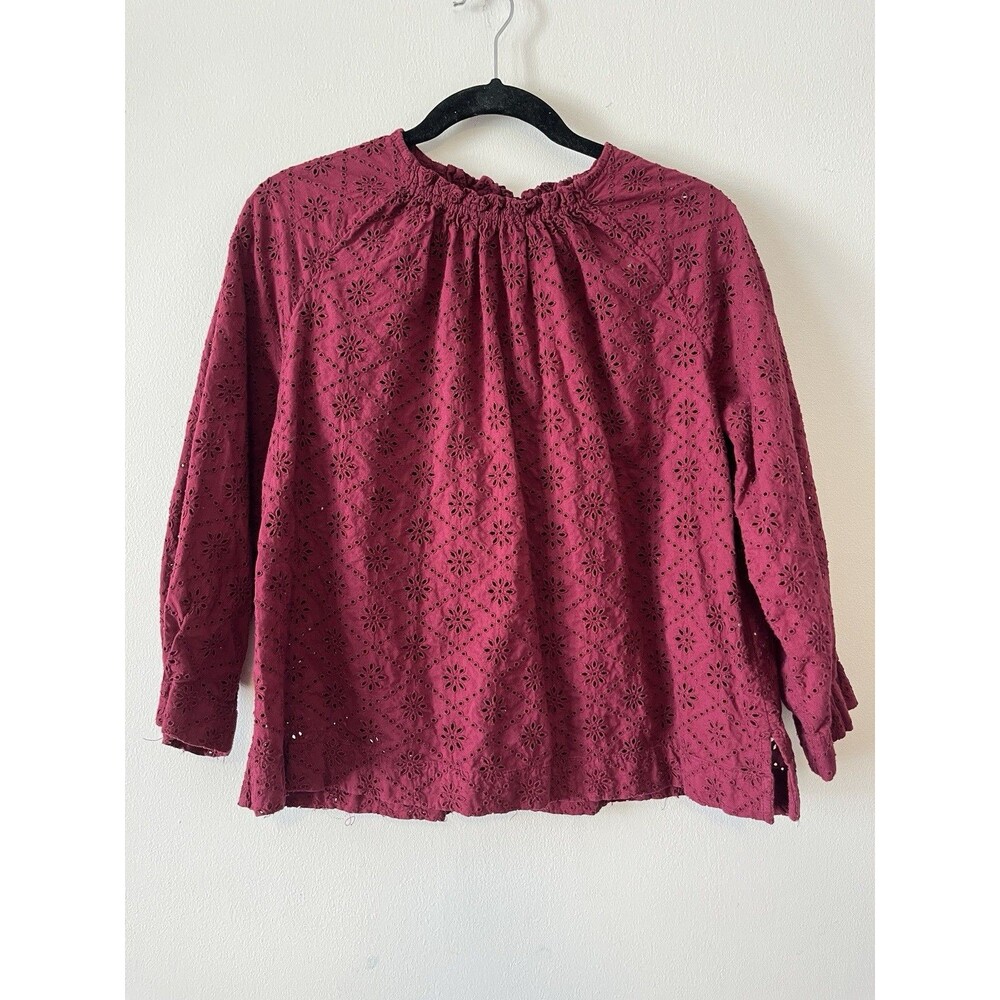 GAP Burgundy Eyelet Blouse Small Ruffle Neck 3/4 Sleeve Boho Top